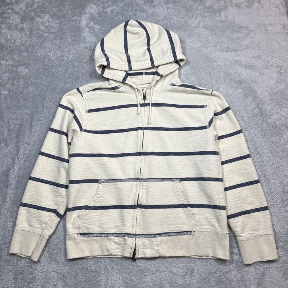 J Crew Full Zip Hoodie Men Medium Off White Blue Stripe 02171